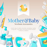 Vector baby accessories poster design. Newborn goods frame.