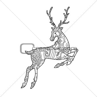 Coloring page with bohemian running deer isolated on white background.