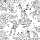 Coloring page with beautiful running deer and floral background.