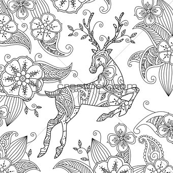Coloring page with beautiful running deer and floral background.