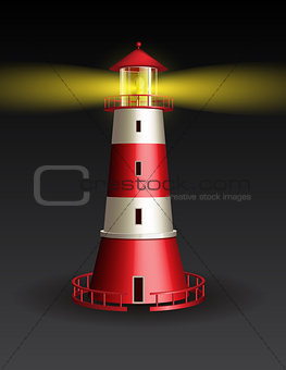 Red lighthouse on black background.