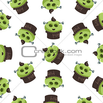Seamless Monster Pattern Green Cupcake