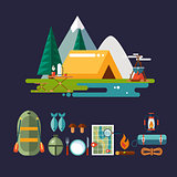 Camping and Hiking Icons. Flat Design.