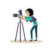 Girl Photographer with Tripod in Flat Style. Vector Illustration
