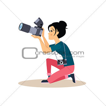Girl Photographer in Flat Style. Vector Illustration