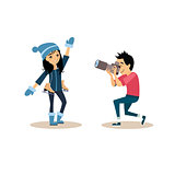 Photographer and Girl with Skates in Flat Style. Vector Illustration