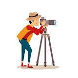 Photographer with Tripod in Flat Style. Vector Illustration