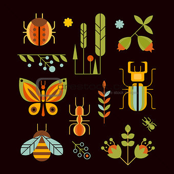 Nature, Insects and Tree Icons Vector Illustration