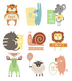 Cute Animals with Ribbons and Boards for Text. Vector Flat Illustration