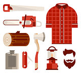 Wood and Tools of Lumberjack in Flat Style. Vector Illustration Set