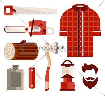 Wood and Tools of Lumberjack in Flat Style. Vector Illustration Set