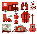 Mountain Climbing, Hiking, Climbing and Camping Equipment Icons in Flat Style