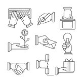 Business Icons Set With Hands in Linear Style
