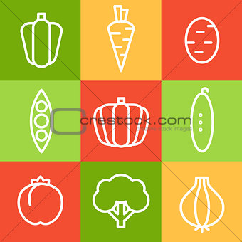 Vegetables in Line Art Style. Vector Illustrations Set.
