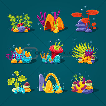 Set of cartoon algae, elements for aquarium decoration