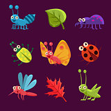 Cute Insects and Leaves with Emotions. Vector Illustration Collection