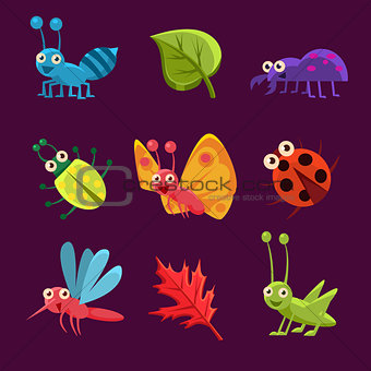 Cute Insects and Leaves with Emotions. Vector Illustration Collection