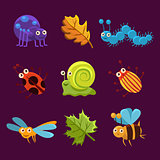 Cute Insects and Leaves with Emotions. Vector Illustration