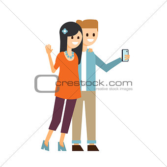 Boy and Girl Making a Selfie Vector Illustration