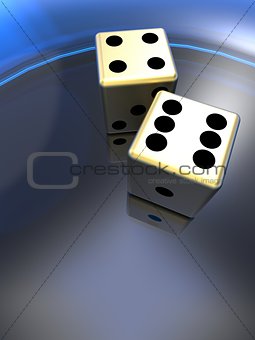 Golden dice on plate 3d illustration