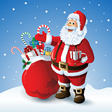 Cartoon Santa claus with a bag of toys in front  winter background
