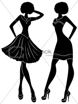 Fashion models in short modern dresses stencil silhouettes 