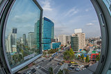 Traffic on city streets. Window view to Seoul, South Korea