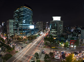 Traffic on night busy Seoul streets, South Korea