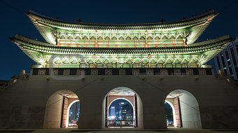 Illuminated Gwanghwamun Gate in night Seoul, South Korea