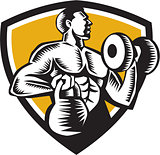 Athlete Lifting Kettlebell Dumbbell Crest Woodcut