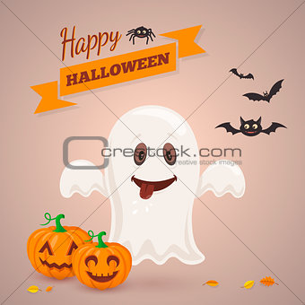 Ghosts pumpkins and bats.