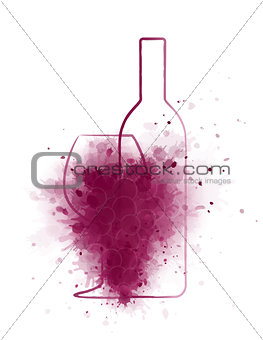 grunge wine bottle with glass and grapes
