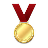 Vector gold medal on red ribbon.