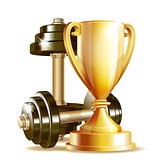 Gold cup with metal realistic dumbbells.
