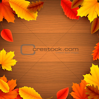 Autumn Leaves on Wood Background