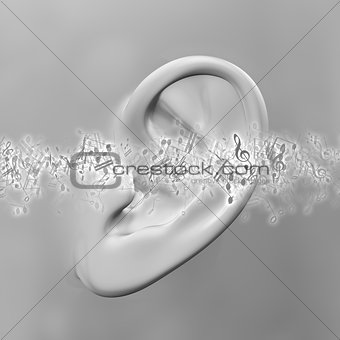 3D close up of ear with music notes