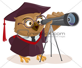 Teacher owl looks through telescope