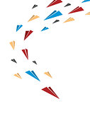 Flying together multicolor origami paper planes. Poster or cover