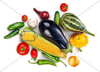 Vegetables fresh still life top view, isolated
