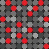 Tile vector pattern with big red, grey and black polka dots on grey background