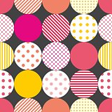 Tile patchwork vector pattern with pastel polka dots on black background