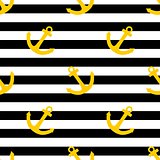 Tile sailor vector pattern with yellow anchor on black and white stripes background