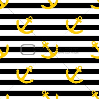 Tile sailor vector pattern with yellow anchor on black and white stripes background