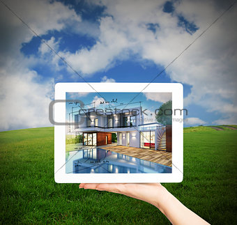 3D Rendering Architect showing new house project with tablet