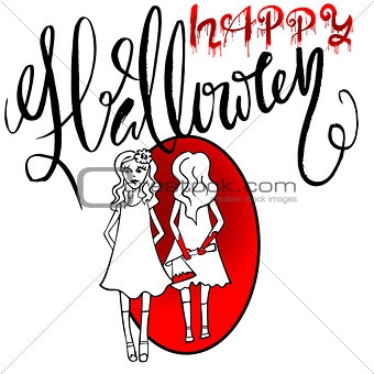 Pretty girl with an ax reflected in a mirror. Happy Halloween. Beautiful girl with her hands in the blood. Vector Halloween lettering.