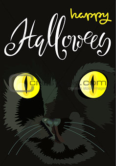 Halloween black cat with yellow eyes. Halloween handwritten lettering. Vector illustration. EPS10