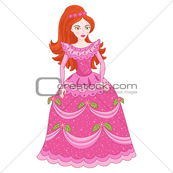 Illustration of red-haired princess in elegant pink dress with spangles