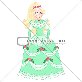 Illustration of beautiful blonde princess in elegant green dress with flowers
