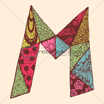 Vintage monogram M. Doodle colorful alphabet character with patterns