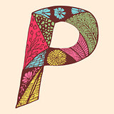 Vintage monogram P. Doodle colorful alphabet character with patterns